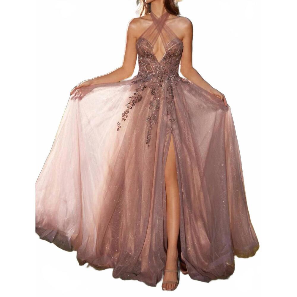 NEW LADIVINE glitter tulle halter gown in rosewood